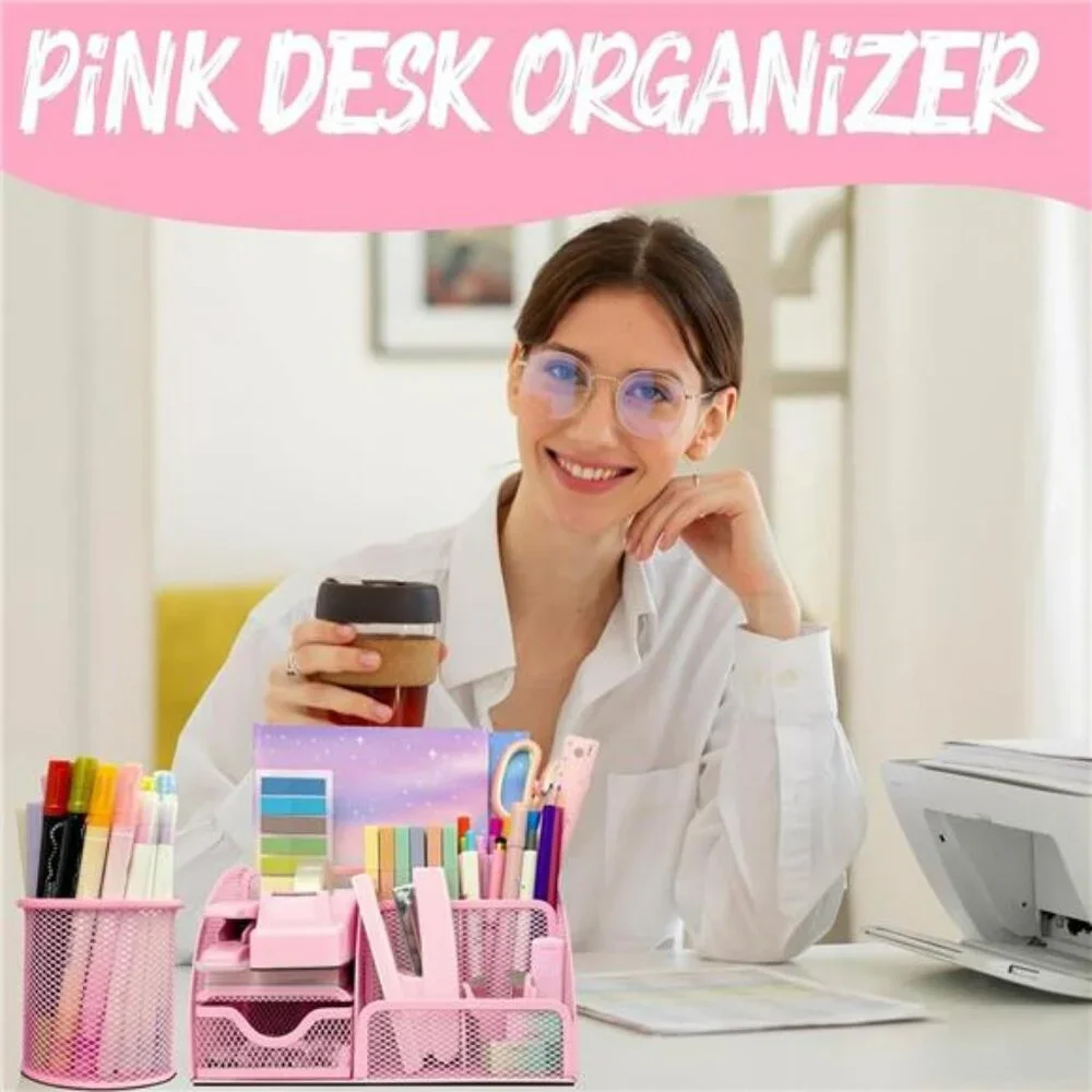 Pink desk accessories set 17 piece organizer stapler tape dispenser office suppl